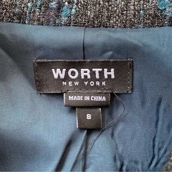 Worth New York Tweed Metallic Cropped Buttoned Formal Jacket Blue Silver Size 8 - Picture 4 of 5